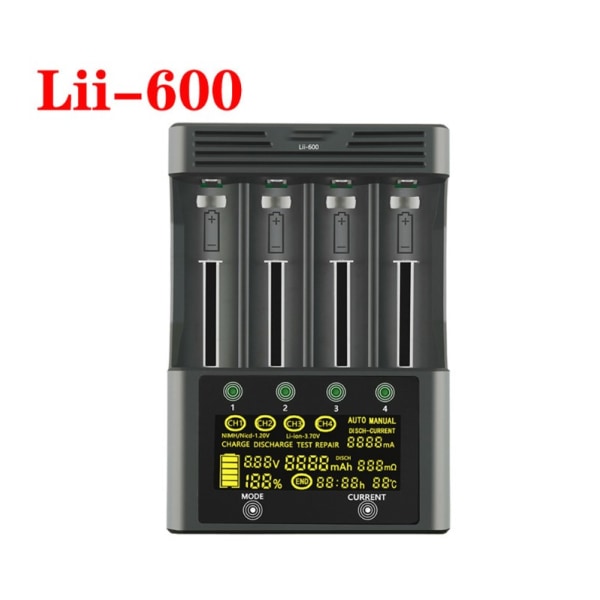 lii-600 LCD 4-fack LCD-batteriladdare Oberoende LCD-skärm Laddningsurladdningsläge (165 mm (längd)