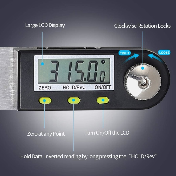 Digital vinkelsökare 0-360° Digital lutningsmätare Rostfritt stål Vinkellinjal med LCD Dis
