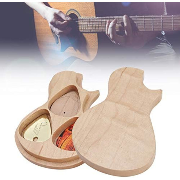 Plektrumfodral med plektrum, träfodral och tillbehör för gitarrspel