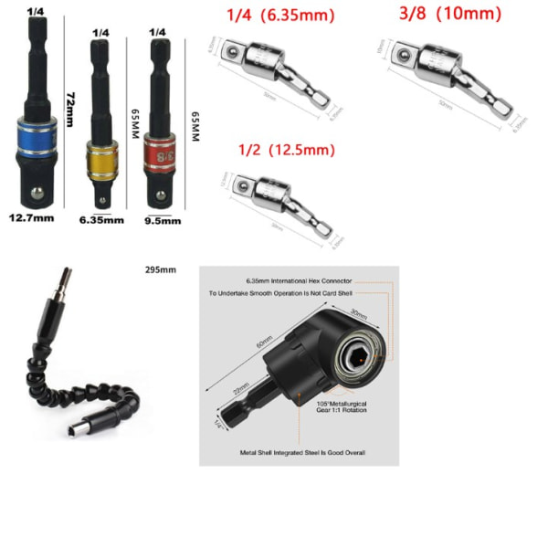 10 st förlängningssats för rätvinklad borr, tvärskär 105 graders vinkelskruvmejsel, 1/4 Hex S
