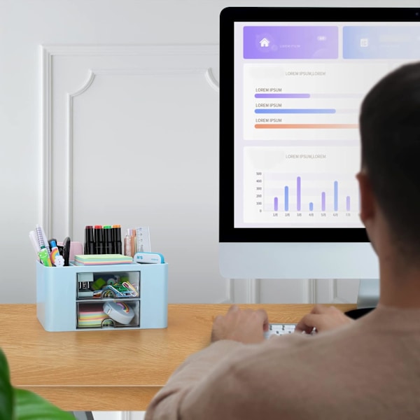 (Sininen) Työpöydän järjestäjä 2 laatikolla, muovinen työpöydän kynän ja kynän pidike säilytyslaatikko työpöydälle, toimistotarvikkeet, lipastotoimisto Scho