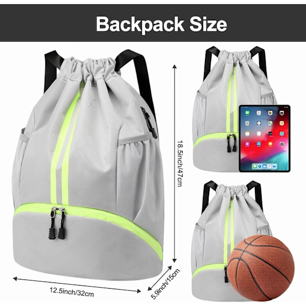 (Grå) Sports Drawstring Backpack - Drawstring Gym Bag med skoskuff og fuktsikker lomme for menn og kvinner