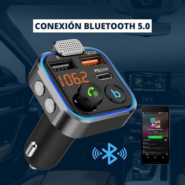 Bluetooth FM-sändare - 3 Laddningsportar: x2 USB QC3.0 + x1 PD