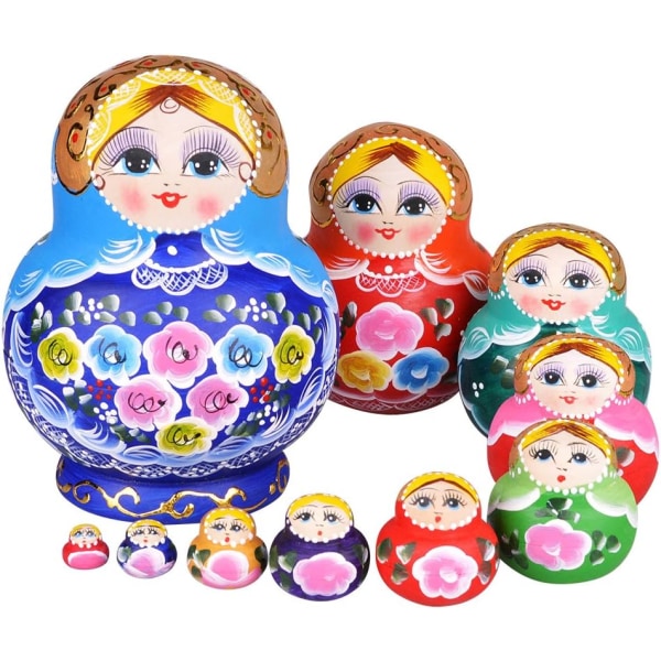 Blå 10 st ryska häckande dockor Matryoshka handgjorda