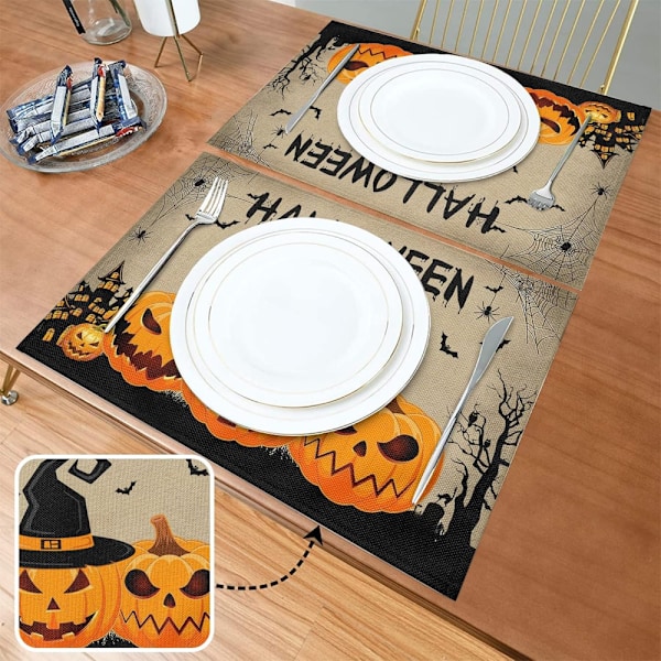 4 st Halloween pumpa placemats för matbord (30*45cm), tvättbara värmebeständiga avtorkningsbara bordsunderlägg