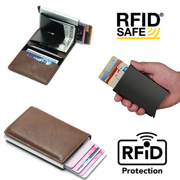 PopUp Smart korthållare skjuter Fram 8st Kort RFID-NFC Säker Brown Gul Utan Knapp