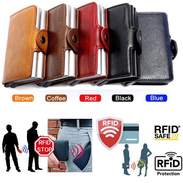 Kortetui Tyverisikring med signalblokerende RFID- Læder 5 farver Blue Mörkblå PU Läder 12 kort