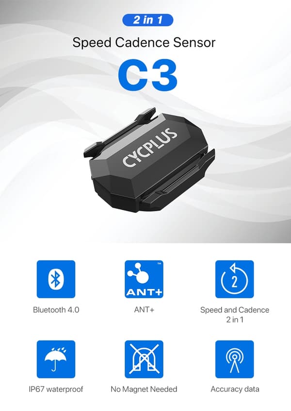 CYCPLUS Cykelcomputer med dobbelt sensor, speedometer, ANT+, Bluetooth, vandtæt, GPS, cykeltilbehør 2 pieces C3