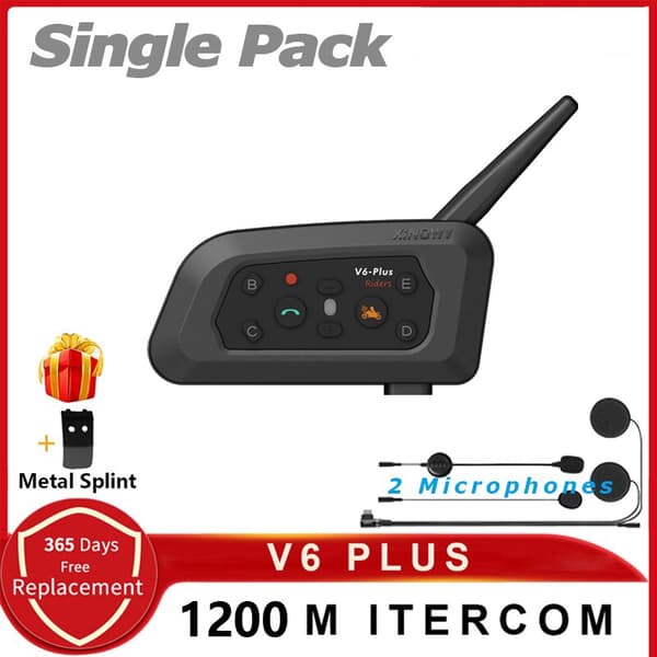 XINOWY V6 Plus Motorcykelhjelm Bluetooth Headset Intercom 1200M Interphone Communicator Vandtæt 6 Riders Single Pack