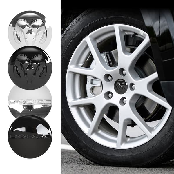 4 stk. hjulnavdækninger, emblem, reservedele til Dodge Durango, Hornet, Charger, Daytona, Challenger, SRT, Hellcat, RAM Letters Silver
