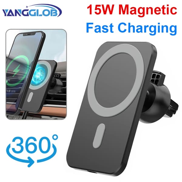 Magnetisk trådløs biloplader til iPhone 12-15 Pro Max Mini luftventil telefonholder hurtig opladning White