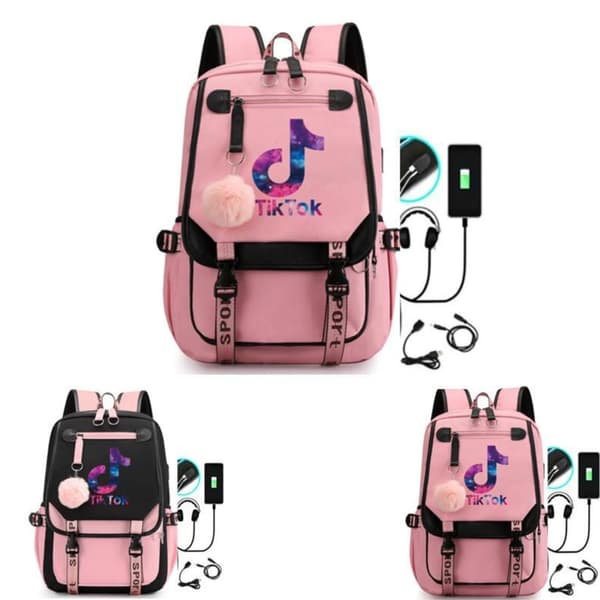 TIK-TOK Backpack waterproof school bag with USB Headphone socket Pink Pink Rosa