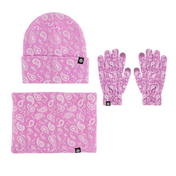 Unisex paisleytryck vinterhatt, snodd & handskar set - tjock plyschfoder mössa och halsduk för män och kvinnor pink