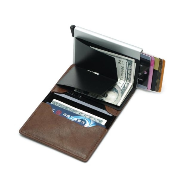PopUp Smart korthållare skjuter Fram 8st Kort RFID-NFC Säker Brown Gul Utan Knapp