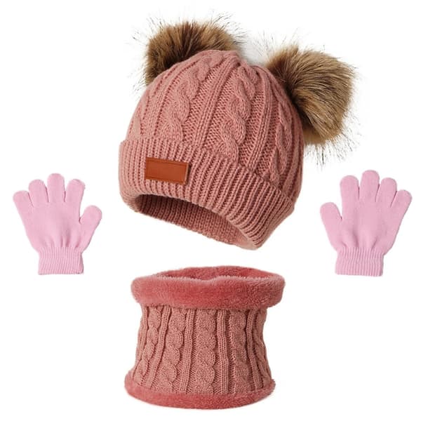 3st Vinterset för barn: Stickad Pompom-mössa, halsduk och handskar - varm solid mössa för småbarn Beige children