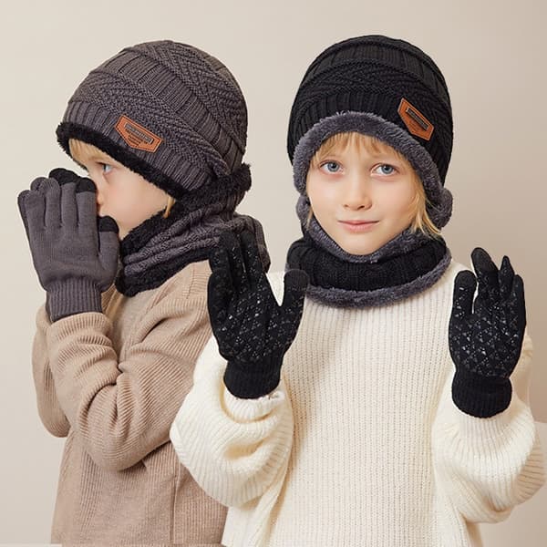 Varm vinter mössa för barn, halsduk, handskar set med plyschfoder för åldrarna 4-10 - halkfri design Gray