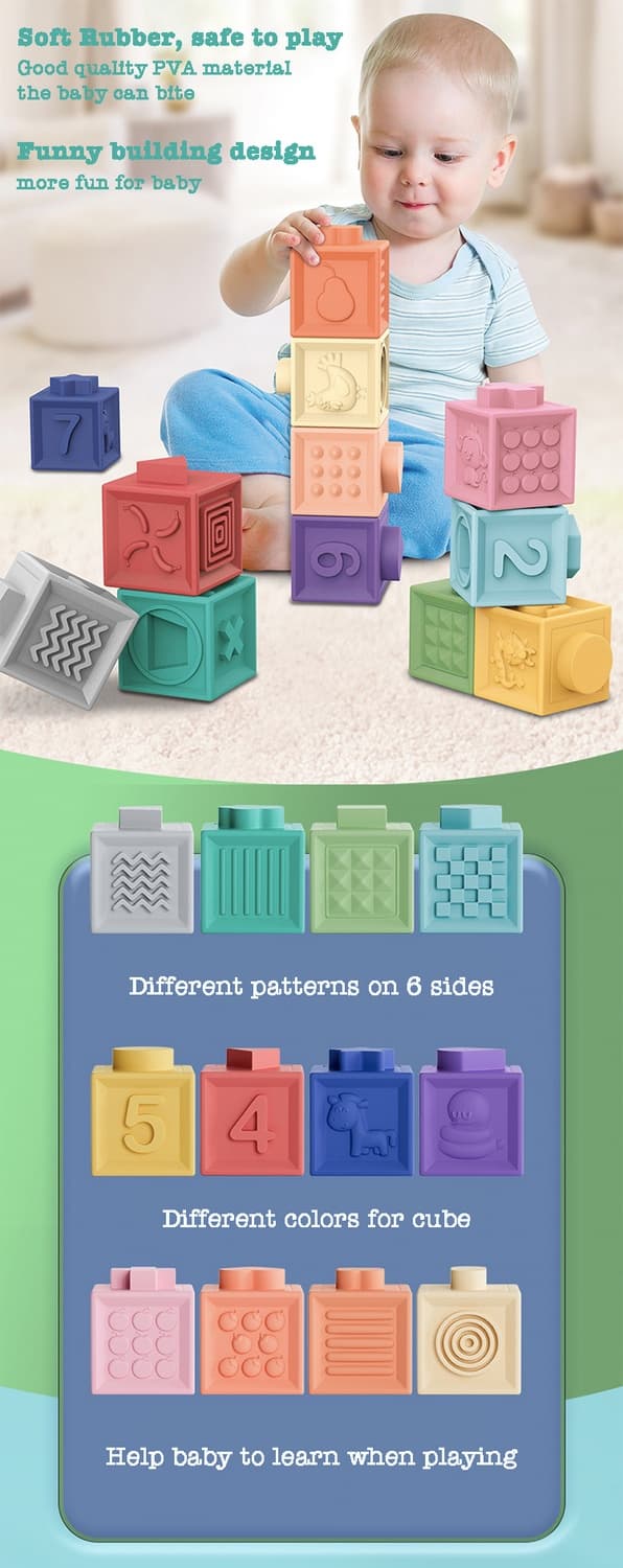 Mjuka byggstenar för småbarn - 12/6/3 st Montessori Stacker Cube Badleksaker för tidig utbildning 6pcs