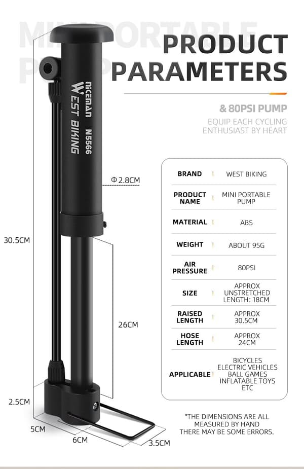 WEST BIKING MTB Cykelpump 80 PSI Manuell Luftpump för Schraderventildäck black