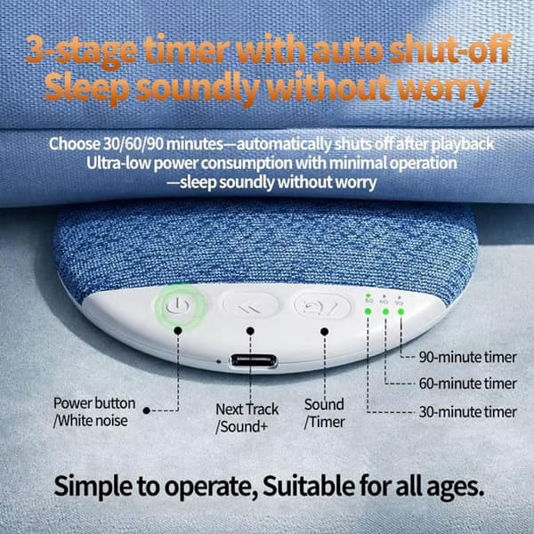 Bluetooth 5.4 högtalare för sovrum med kudde, ljudmaskin för underkudden med stöd för vitt brus, 30/60/90 minuters timer, hi-fi stereoljud Blue