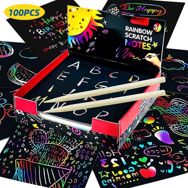 100 STK Rainbow Scratch Mini Notes Pappersblockskort med ritstencil Barn Barn Gör-det-själv Rita Målning Pedagogiska leksaker Presenter 100 Sheets