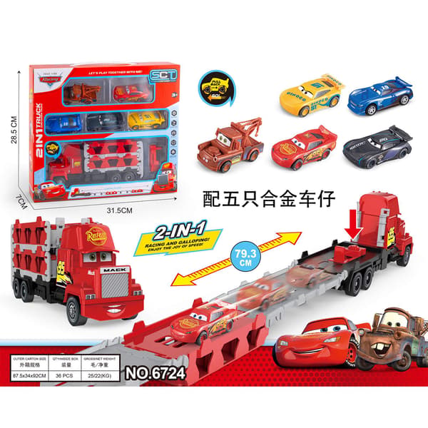 1:16 Pixar legetøjsbil 5 stk./sæt støbt anime lynet Mcqueen Mack foldbar fladvognsmodel med lyd og lys interaktive gaver fire engine
