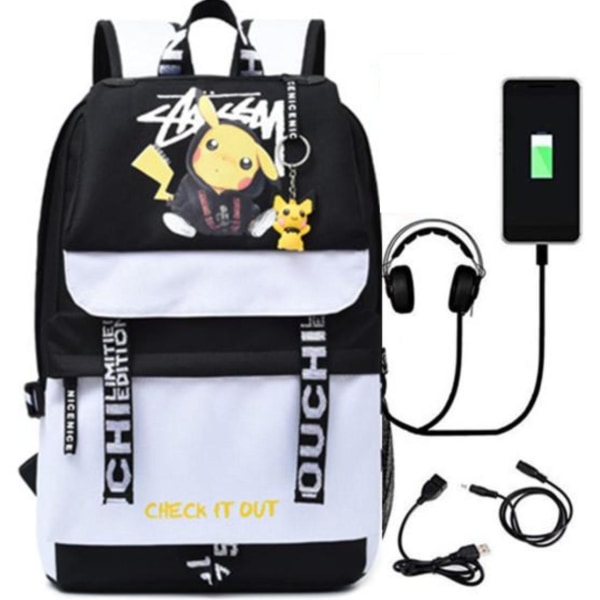 Pokemon-reppu vedenpitävä koululaukku USB-kuulokeliitäntä valkoinen musta  Black white black df1e | 800 | Fyndiq