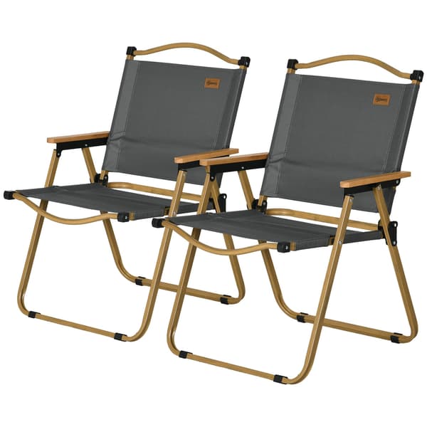 Campingstolar, set om 2, hopfällbara, stålram, trälook, mörkgrå strandstolar