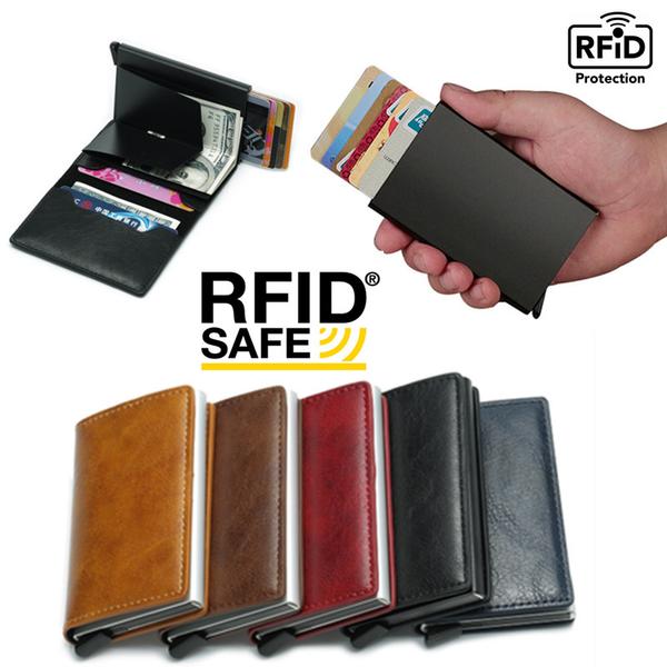 PopUp Smart Card holder skubber 8 kort fremad RFID-NFC Secure Brown Gul Utan Knapp