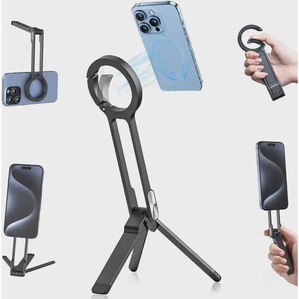 3-i-1 magnetiskt 360° justerbart ultralätt mini-stativ med snäppspänne vikbart telefonfäste Silver