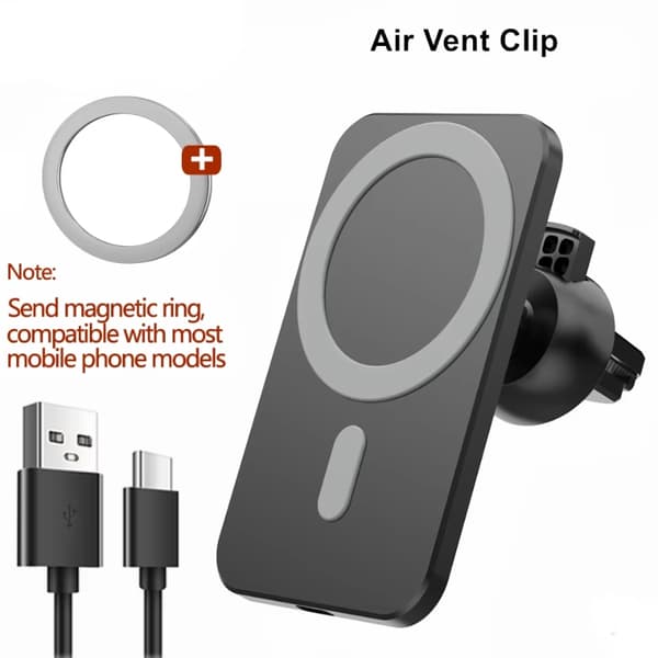 Magnetisk trådlös billaddare för iPhone 12-15 Pro Max Mini luftventil telefonhållare snabbladdning Black