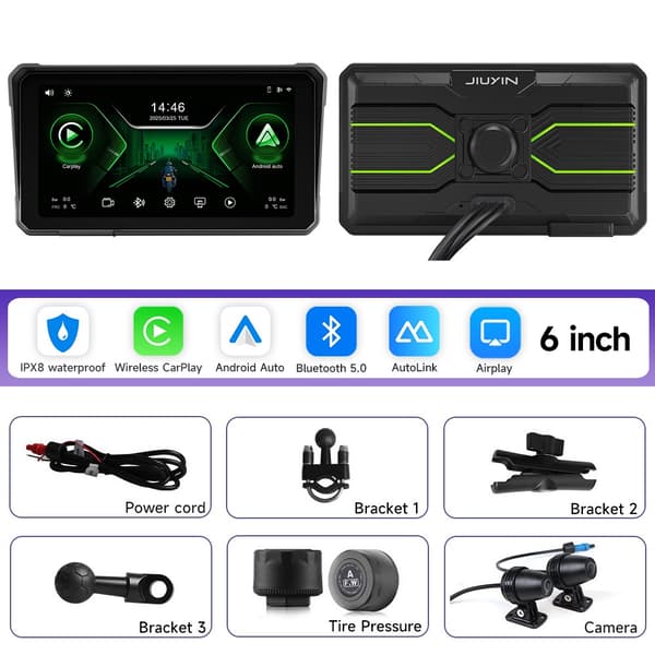 6 tuuman moottoripyörän 2K HD -multimediasoitin GPS-navigointi langaton Carplay Android Auto IPX8 -vedenpitävä kosketusnäyttö Bluetooth 6-TMPS-Controller