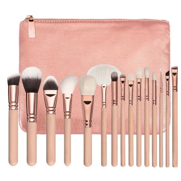 15 stk Professionelle makeup børster med praktisk taske (Pink)