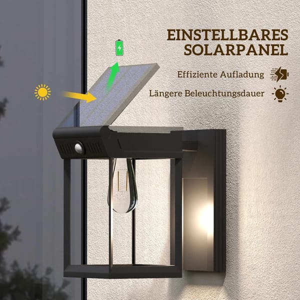 Havelampe med solcellepanel, udendørslampe, solcellelampe, stænksikker, bevægelsessensor, 14 cm x 24 cm x 24 cm, sort