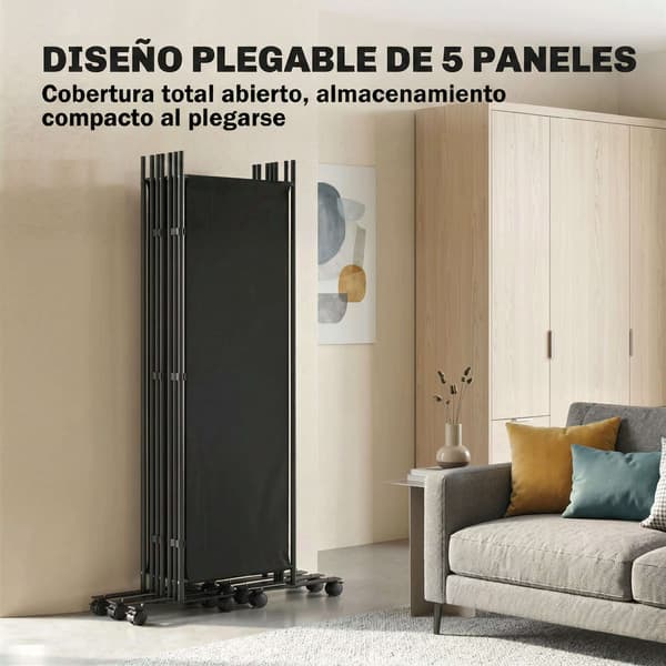 5-panels foldbar rumdeler med 12 hjul 252x170 cm rumdeler, specialmonteret, sort
