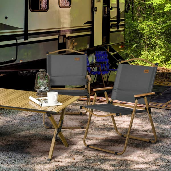 Campingstolar, set om 2, hopfällbara, stålram, trälook, mörkgrå strandstolar