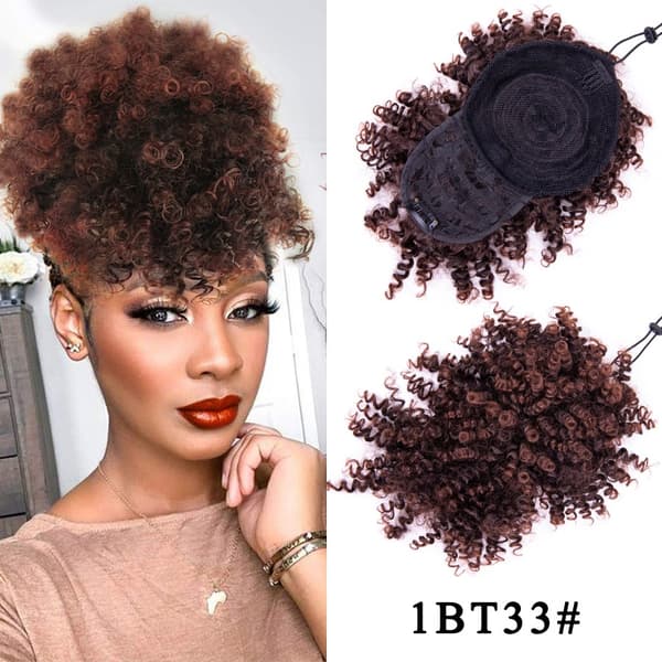 Leeons Curly Bangs Dragsko hästsvans med lugg Kinky Curly Chignon med lugg Hög puff hästsvans Syntetisk hårförlängning 1bt33