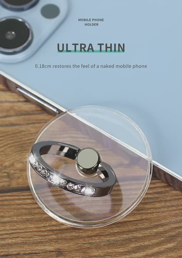 Diamant Transparent 360° Roterende Telefonringholder Universal Greb til iPhone iPad Tablet Black