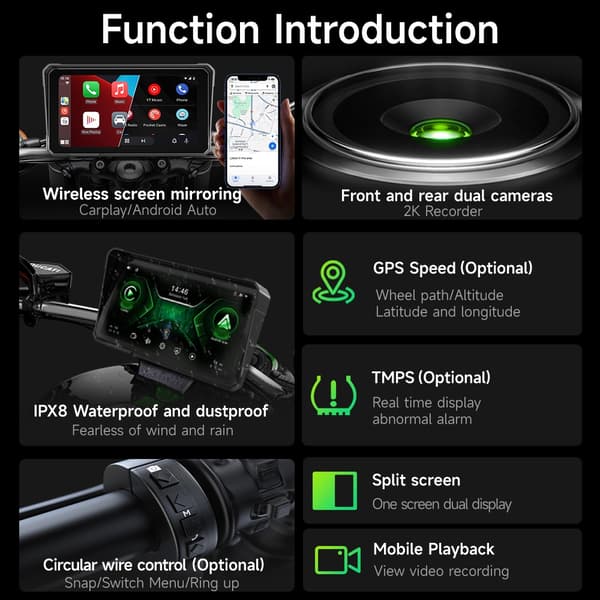 6 tommer motorcykel 2K HD multimedieafspiller GPS navigation trådløs carplay Android auto IPX8 vandtæt touchskærm Bluetooth 6-TMPS-Controller