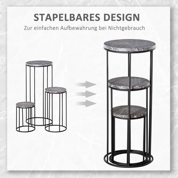 Set med 3 metallblomställ med marmorlook, stapelbara, svarta och grå