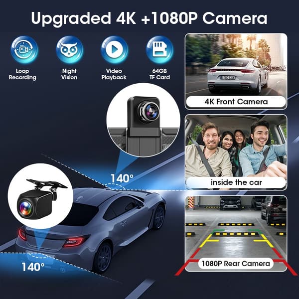 11,3 tums 4K bil-DVR Carplay Android Auto roterbart objektiv dashcam GPS-navigering instrumentpanel FM AUX backkamera videoinspelning 4K DVR Max