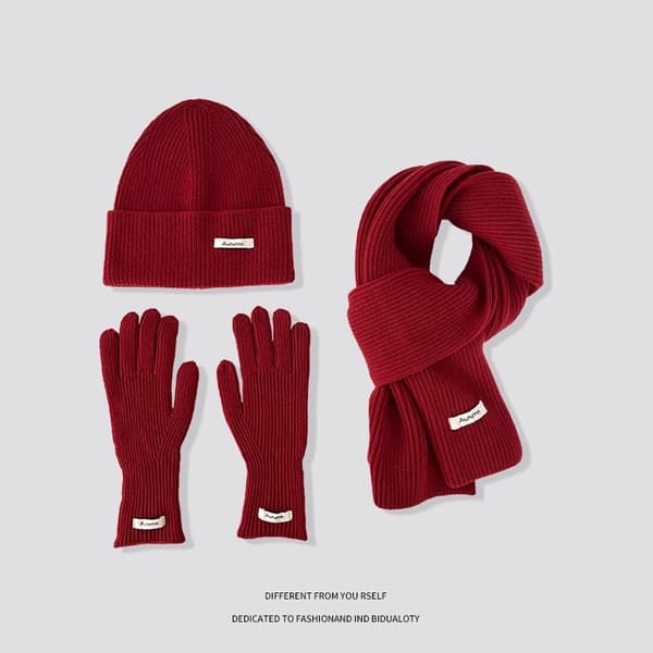 Vinterstickad mössa, halsduk och handskar för kvinnor - Vindtät enfärgad modeaccessoar Green Size One Size