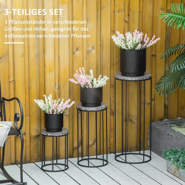 Set med 3 metallblomställ med marmorlook, stapelbara, svarta och grå