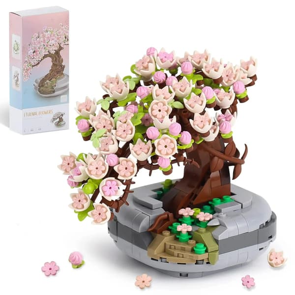 Bonsai byggstenar Cherry Blossom Tree Model - Krukblomma Heminredning Leksak för barn Presenter Sakura tree potted