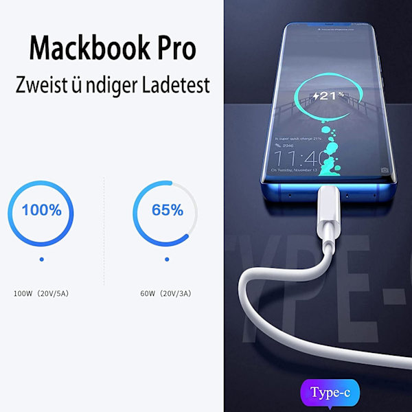 2M 60W 3A Hurtigopladningskabel USB-C til USB-C Type C PD - Hvid