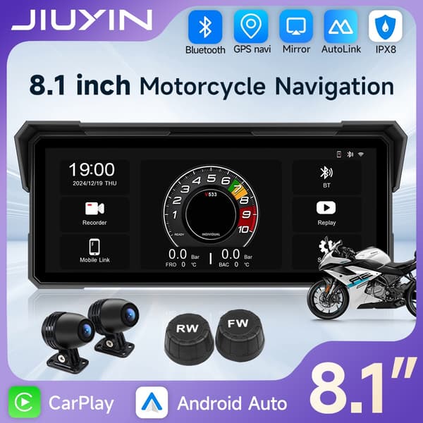 8,1 tums motorcykelnavigationsskärm Trådlös CarPlay Android Auto 2K HD IPX8 Vattentät M782-TMPS-controller