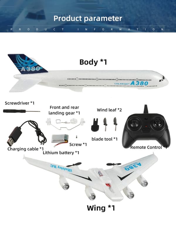 A380 Flygplan Airbus RC Flygplan Skumleksaker 2.4G Glide Fastvingade RTF Flygplan Utomhusleksaker Drönare Modell Lätt Flygande Barnpresent 2CH Blue