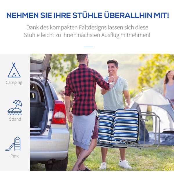 Set med 2 hopfällbara fåtöljer med dynor, justerbart ryggstöd i 5 lägen, stål-polyester, blå