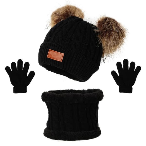 3st Vinterset för barn: Stickad Pompom-mössa, halsduk och handskar - varm solid mössa för småbarn Beige children