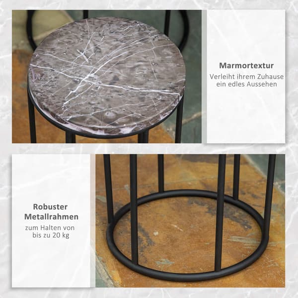Set med 3 metallblomställ med marmorlook, stapelbara, svarta och grå
