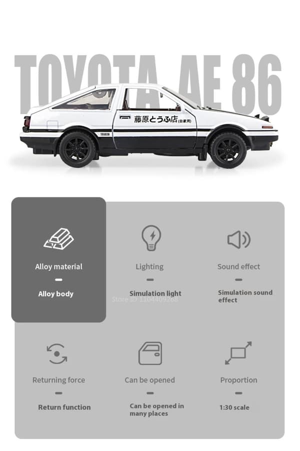 1:30 Skala Initial D AE86 Legetøjsbilmodel Legeringskarosseri Gummidæk Støddæmpning Pull Back Simuleringskøretøjer Drengefødselsdagsgave Black